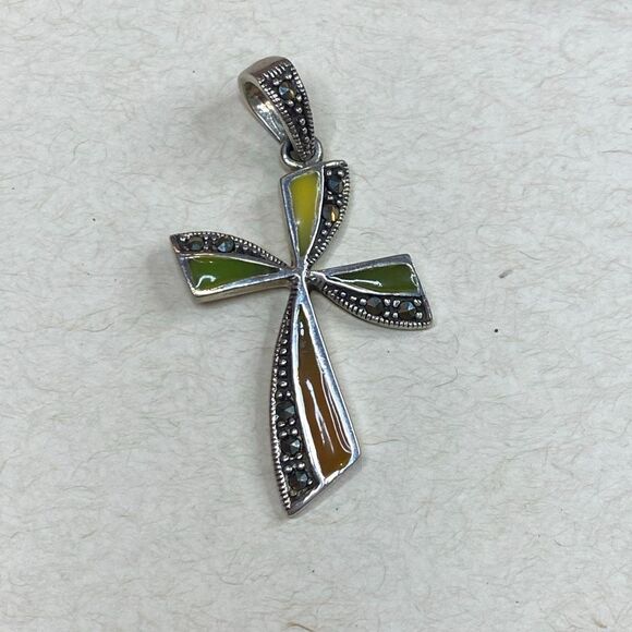 Vtg Marsala Sterling Silver Marcasite Cross Pendant Signed - Picture 1 of 5
